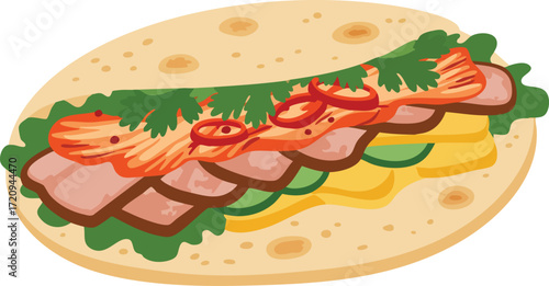 Delicious Banh Mi Sandwich with pickled carrots, cilantro, and cucumbers.