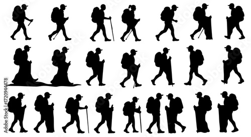 Silhouette Full Body Hiker Man Hiking Walking Activity People Set