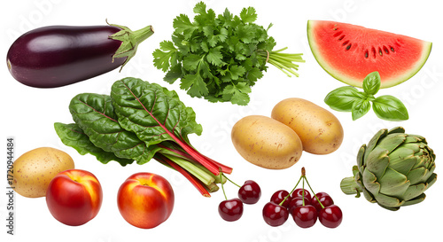 Fresh variety of fruits and vegetables including eggplant, leafy greens, potatoes, cherries, watermelon, artichoke, and nectarines, perfect for healthy meals
