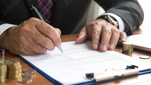 Businessman's Hand Signing Contract with Pen, Coins and Watch Vi