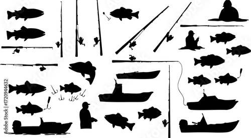 Silhouette Black and White Detailed Fishing Scene and Equipment Illustration