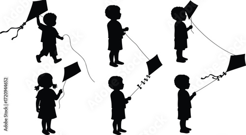 Children flying kites, silhouette vector, outdoor play, childhood joy, sky activity, summer fun, playful motion, kite string, happy kids, illustration