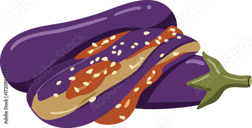 Illustration of sliced eggplant pieces in a sauce, a delicious and appetizing dish.