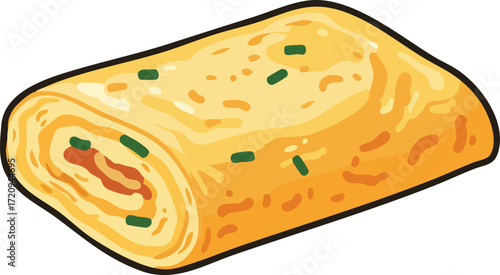 A close-up illustration of a golden-brown omelet roll with visible filling and green chives.