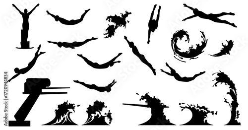 Detailed Silhouette Collection of Diverse Diving Poses and Water Splash Elements