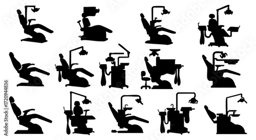 Silhouette Collection of Dental Chair with Equipment in Different Angles