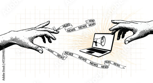 Two hands reaching across, exchanging news ribbons with a laptop and megaphone, symbolizing digital communication and information sharing.