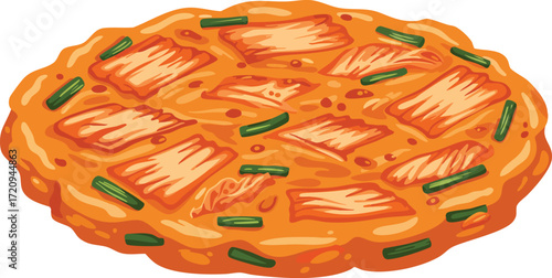 A detailed vector illustration of a traditional Korean kimchi pancake, also known as kimchijeon, with chopped green onions.