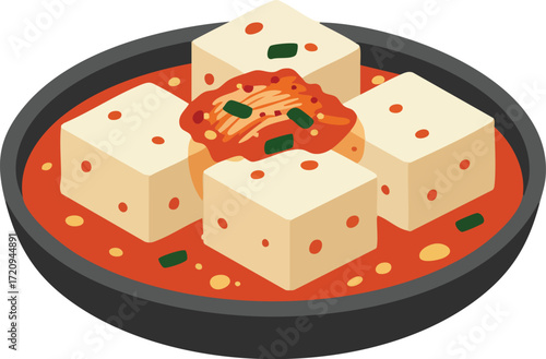 A close-up, top-down view of a bowl of Korean soft tofu stew, also known as Sundubu Jjigae, with large cubes of tofu and a dollop of kimchi in the center.