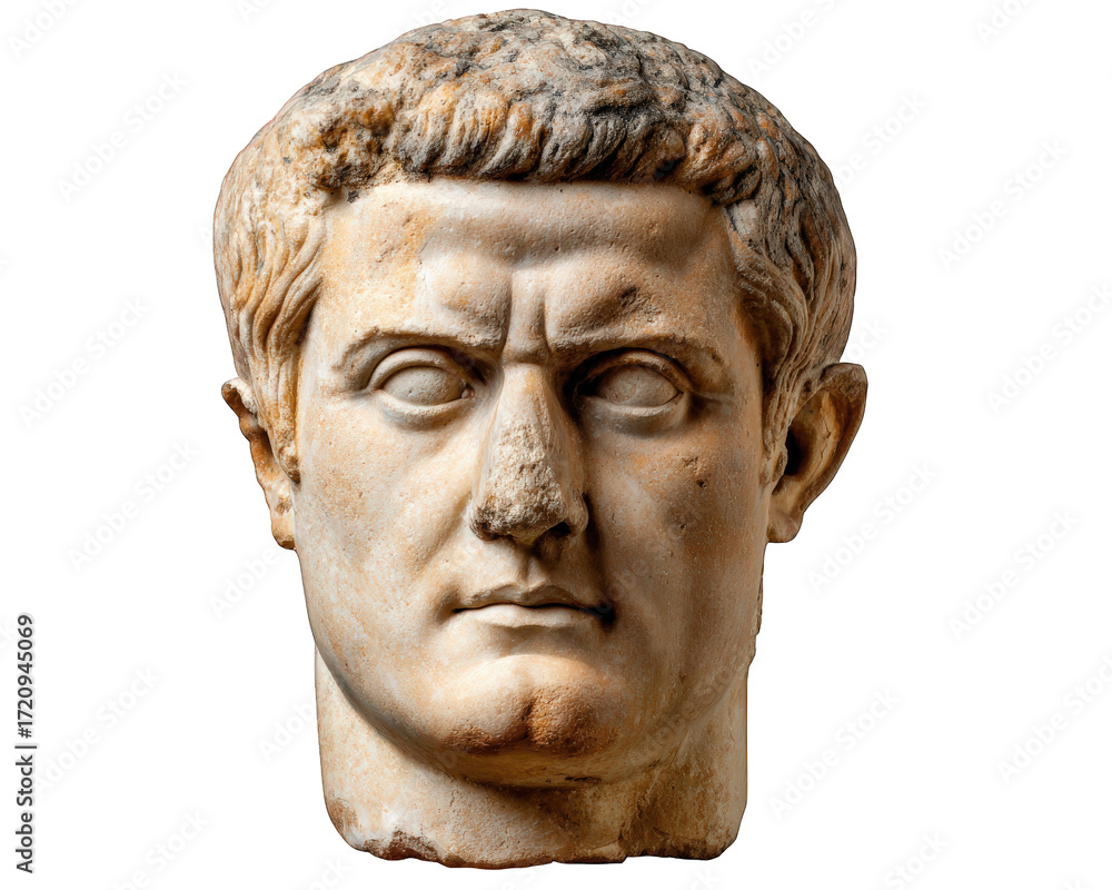 Obraz premium Powerful antique Roman emperor bust statue carved from marble. This ancient art piece shows serious male leader with commanding expression on transparency background