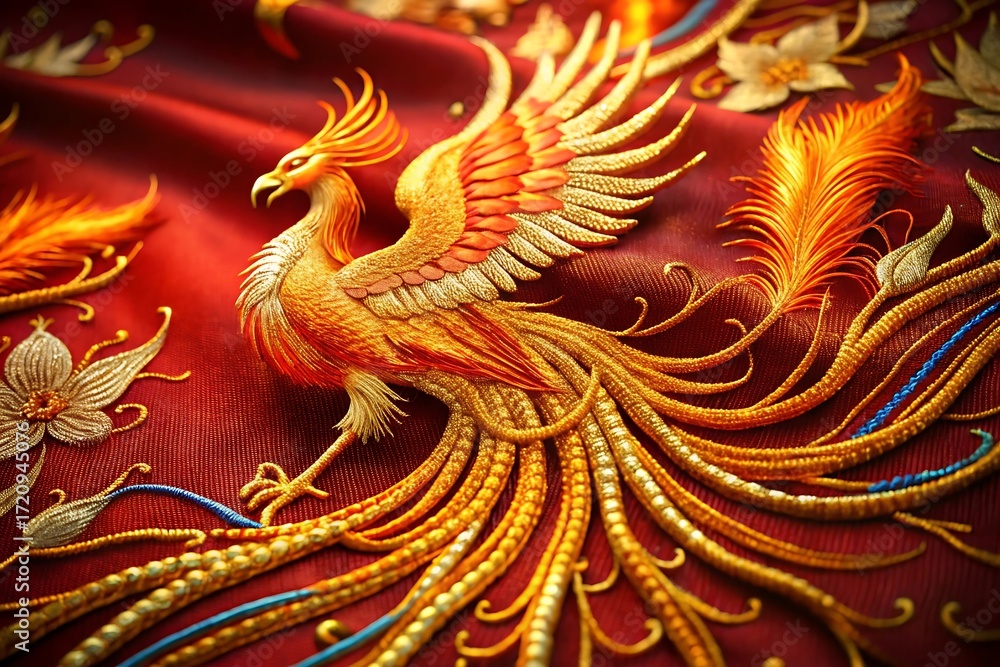 custom made wallpaper toronto digitalGolden phoenix embroidery on red fabric with intricate details