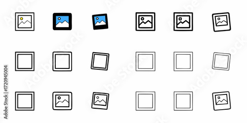 Hand-drawn photo frame icons featuring landscapes and blank templates, perfect for digital design, presentations, and creative projects with a modern touch