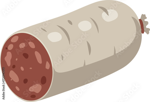 Illustration of a sausage, with a white casing and a cross-section revealing the meat.