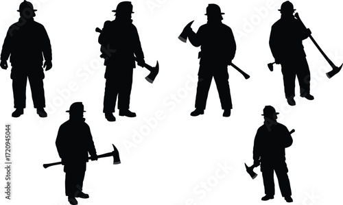 Firefighter silhouette vector, fire axe pose, emergency rescue team, black uniform illustration, safety gear, hero stance, firefighting concept