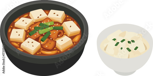 Illustration of a hearty Korean tofu stew served alongside a bowl of soft white tofu.