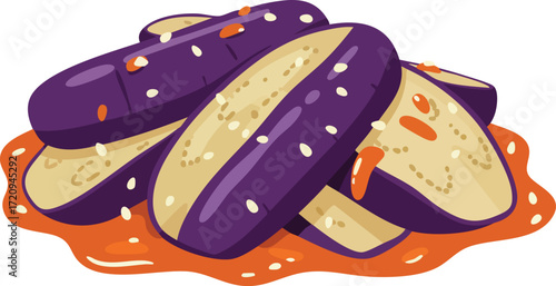Illustration of sliced eggplant pieces in a sauce, a delicious and appetizing dish.