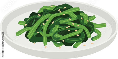 Wakame seaweed salad on a white plate, garnished with sesame seeds.