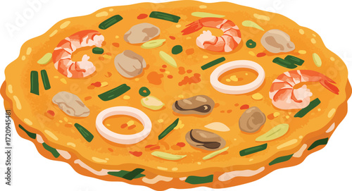 Delicious Korean seafood pancake with shrimp, squid, mussels, and green onions, served hot and fresh.
