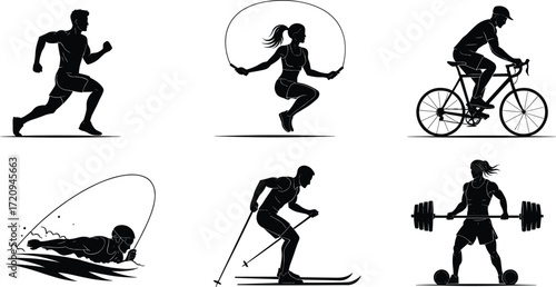 Fitness activity icons, sports silhouette vector, running, cycling, swimming, skiing, weightlifting, jump rope, black design, exercise illustration, health
