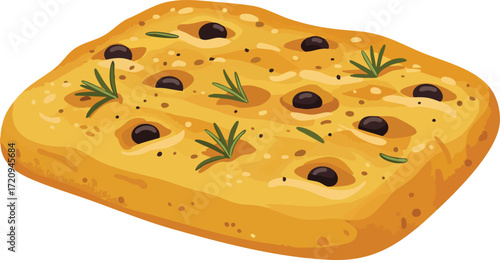 A freshly baked loaf of Italian focaccia bread, illustrated with black olives, fresh rosemary sprigs, and a sprinkle of pepper.