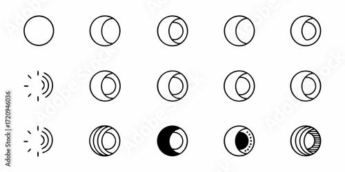 Elegant celestial phases and cosmic cycles icons representing phases of moon and sun transition, perfect for astronomy and science projects