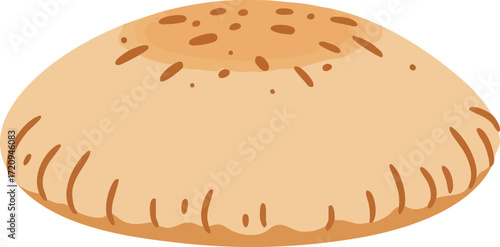 Simple cartoon illustration of a light brown, round flatbread with specks on top, resembling a pita or baked bun.