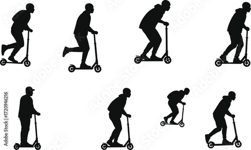 Kick scooter rider silhouette, black vector art, urban transport pose, active lifestyle icon, scooter movement illustration, white background design