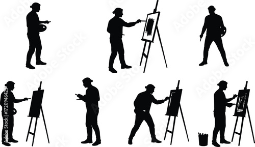 Painter silhouette, artist at easel, black vector art, painting pose, creative process icon, studio illustration, white background, brush action