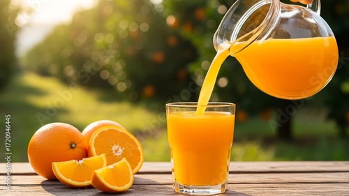 Pouring fresh orange juice from a glass pitcher into a clear glass with sliced oranges on a wooden table in an orchard setting during daytime