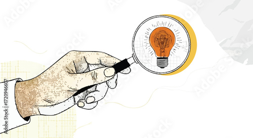 An illustration of a hand holding a magnifying glass, focusing on a glowing lightbulb, symbolizing the search for ideas, innovation, and discovery.
