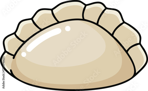 Close-up view of a single varenyky, a traditional Eastern European filled dumpling, with a light beige color and distinct pleats.