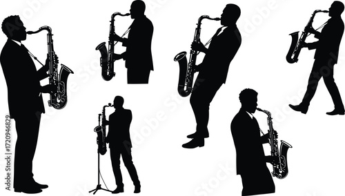 Saxophone player silhouette, jazz musician performance, black vector art, musical concert pose, saxophonist icon, music band illustration, white background