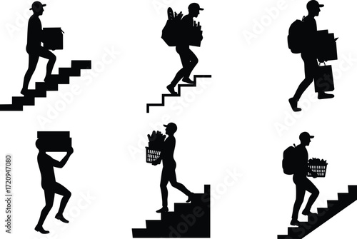 Silhouette people climbing stairs, carrying groceries, delivery box, backpack, shopping basket, urban motion, daily task, effort concept, vector illustration