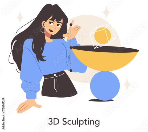 Woman Creating 3D Art in Vector Illustration