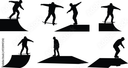 Skateboarder silhouette, black vector art, ramp trick pose, urban sport icon, skateboarding action illustration, white background, jump, balance, motion