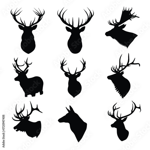 Black and white elk head silhouette set