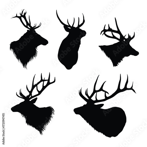 Black and white elk head silhouette collection for banners and advertisements