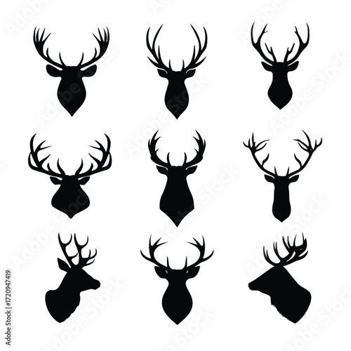 Black and white elk head silhouette collection for banners and advertisements
