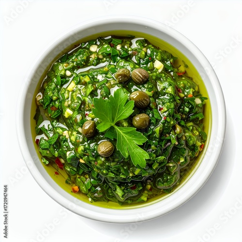 Verdant pesto delight in white bowl, featuring fresh herbs and flavorful capers