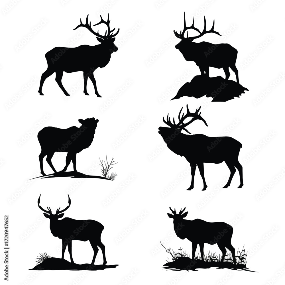 Naklejka premium Elk hunting silhouette set black and white illustration