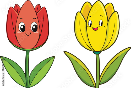 Cute Smiling Tulip Cartoon Flowers Red and Yellow with Happy Faces