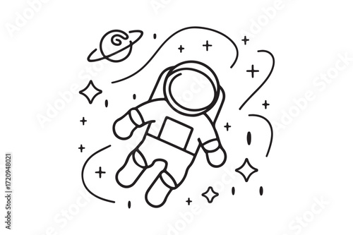 Whimsical line art astronaut floating in space with stars and planet illustration silhouette