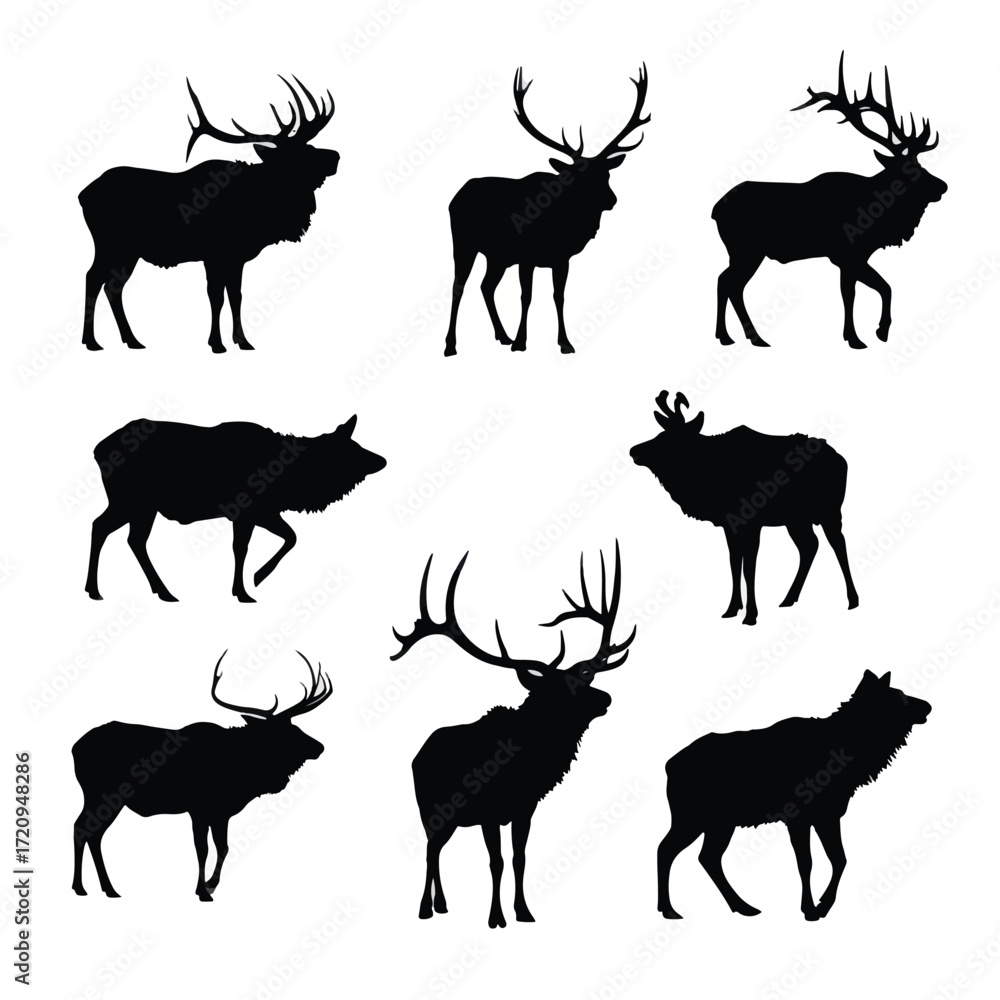 Fototapeta premium Black and white elk shed silhouette set illustration