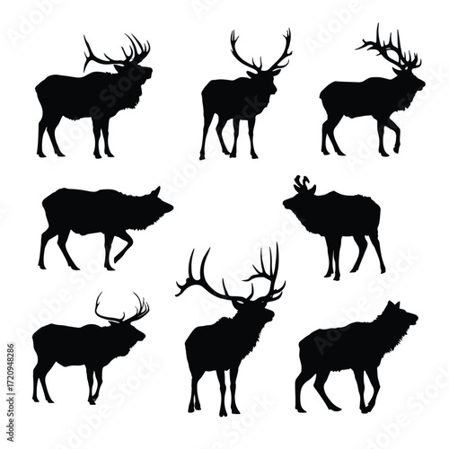 Black and white elk shed silhouette set illustration