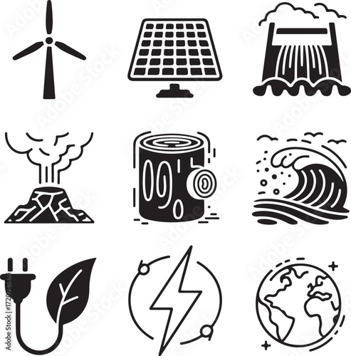 Nine green energy source icons with transparent background renewable energy solar power