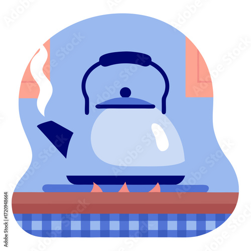 Kettle whistling on stovetop in a cozy kitchen setting  