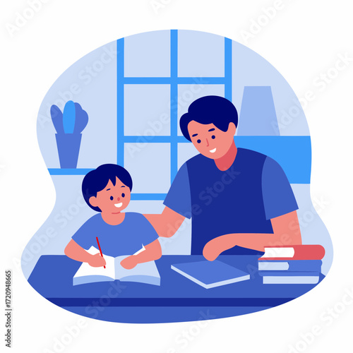 Asian dad helping child with schoolwork in a cozy indoor space  