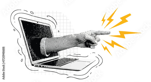 Hand pointing out of a laptop screen with lightning bolts around the finger.