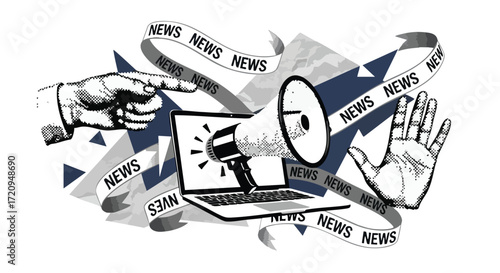 Vintage style illustration depicting the conflict of news dissemination, censorship, and public opinion.