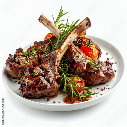 Grilled lamb chops plated exquisitely, adorned with rosemary and ripe tomatoes on white background